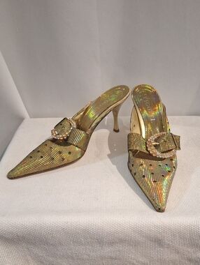 Vigotti Gold Iridescent Pointed Toe Mules with Crystal Buckle